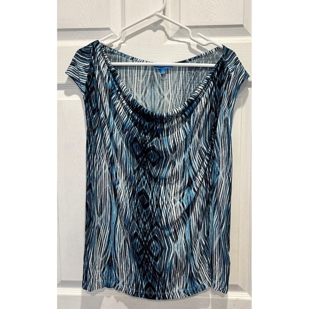 Derek Lam DesigNation Blue Abstract‎ Cowl Drape Neck Cap Sleeve Blouse L Stretch